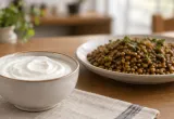 Yogur cremoso acompañado de lentejas, cuyas proteínas se investigan para mejorar la textura de alimentos sin grasa