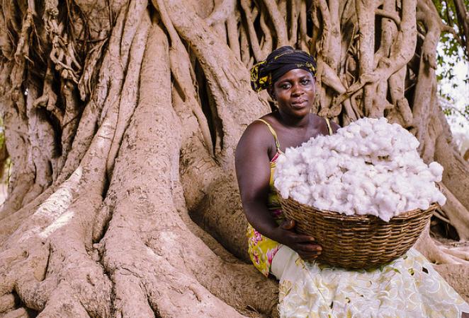 Mujer decendencia africana con una canasta llena de Algodon