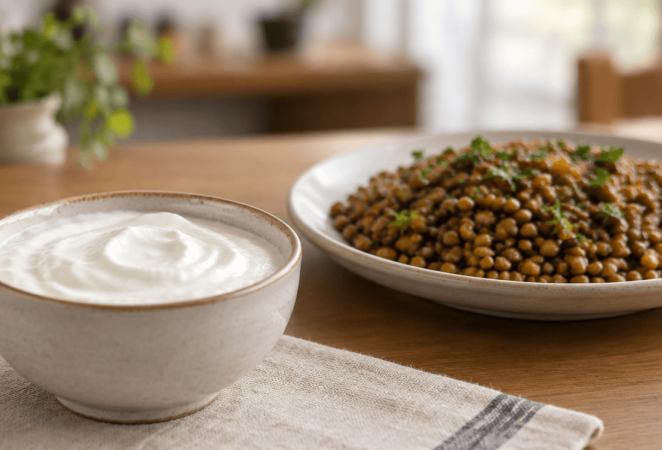 Yogur cremoso acompañado de lentejas, cuyas proteínas se investigan para mejorar la textura de alimentos sin grasa